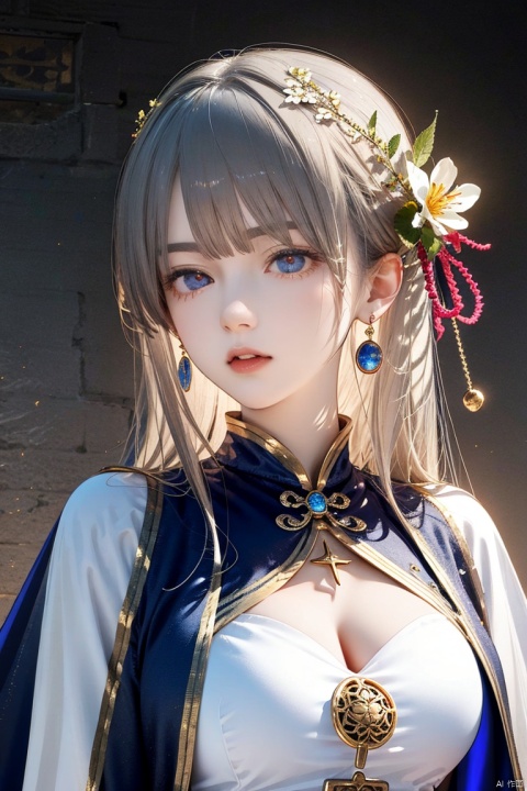 Silver-white hair, red eyes, light blue bow, golden garland, golden decoration and pink flowers on the head, blue bandeau tile face with white cape, white long skirt, fairy, holding white rabbit in her hand, blue belt, light blue streamer, blue shoes with golden bells, Chang'e, ancient style game character,(Ultra high resolution, photo realism, fidelity,Volumetric light, best quality, photo fidelity), (8k, original photo, highest quality, masterpiece), (photon mapping,Intense halos, light, sunlight. lamplight, radiosity, physics based rendering, automatic white balance),CG, unity, wallpaper, official art, amazing, exquisite detail, extremely exquisite beauty, extremely detailed, highly detailed, Clear focus, (real person, photo), (high detail skin, visible pores),(((1man))), (whole body),beautiful,Beautiful face,hair ornament,Antique game background, blue background, Tiangong, Xianchi, Yao Pond, fairy background, sdmai, chijian,, ((Binding)), hydress-hair ornaments, xiaoyemao, jewelry, dofas, nai3