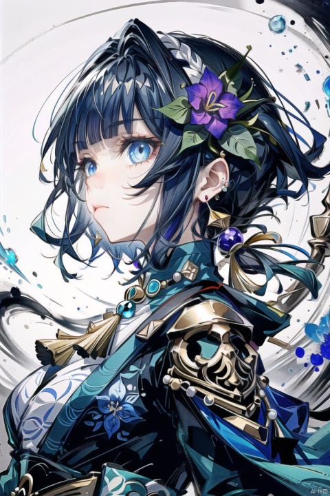 1girl, solo, breasts, looking at viewer, short hair, bangs, blue eyes, hair ornament, jewelry, closed mouth, upper body, flower, grey hair, earrings, japanese clothes, hair flower, blunt bangs, from side, glowing, ink style