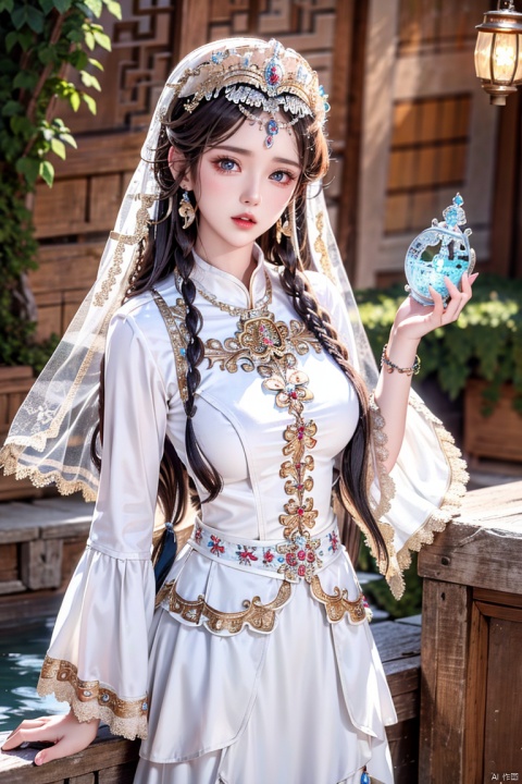 Silver-white hair, red eyes, light blue bow, golden garland, golden decoration and pink flowers on the head, blue bandeau tile face with white cape, white long skirt, fairy, holding white rabbit in her hand, blue belt, light blue streamer, blue shoes with golden bells, Chang'e, ancient style game character,(Ultra high resolution, photo realism, fidelity,Volumetric light, best quality, photo fidelity), (8k, original photo, highest quality, masterpiece), (photon mapping,Intense halos, light, sunlight. lamplight, radiosity, physics based rendering, automatic white balance),CG, unity, wallpaper, official art, amazing, exquisite detail, extremely exquisite beauty, extremely detailed, highly detailed, Clear focus, (real person, photo), (high detail skin, visible pores),(((1man))), (whole body),beautiful,Beautiful face,hair ornament,Antique game background, blue background, Tiangong, Xianchi, Yao Pond, fairy background, sdmai, chijian