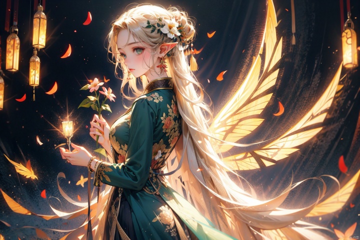 1girl, solo, long hair, blonde hair, hair ornament, dress, holding, jewelry, closed mouth, flower, white hair, earrings, wings, pointy ears, indoors, hair flower, bracelet, petals, blue dress, elf, pink flower, green dress, fairy wings, holding flower, fairy, lvshui-green dress, qzfp, Chinese style