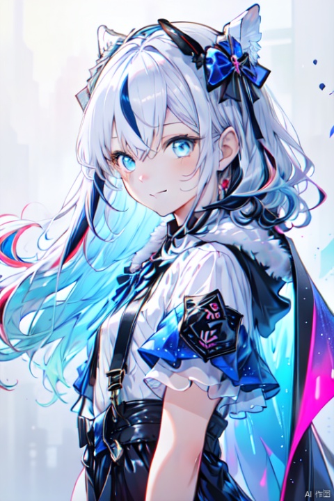 1girl, solo, looking at viewer, blush, smile, short hair, bangs, blue eyes, simple background, white background, hair between eyes, closed mouth, blue hair, upper body, white hair, multicolored hair, small breasts, cape, two-tone hair, streaked hair, fur trim, headgear