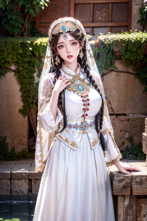 Silver-white hair, red eyes, light blue bow, golden garland, golden decoration and pink flowers on the head, blue bandeau tile face with white cape, white long skirt, fairy, holding white rabbit in her hand, blue belt, light blue streamer, blue shoes with golden bells, Chang'e, ancient style game character,(Ultra high resolution, photo realism, fidelity,Volumetric light, best quality, photo fidelity), (8k, original photo, highest quality, masterpiece), (photon mapping,Intense halos, light, sunlight. lamplight, radiosity, physics based rendering, automatic white balance),CG, unity, wallpaper, official art, amazing, exquisite detail, extremely exquisite beauty, extremely detailed, highly detailed, Clear focus, (real person, photo), (high detail skin, visible pores),(((1man))), (whole body),beautiful,Beautiful face,hair ornament,Antique game background, blue background, Tiangong, Xianchi, Yao Pond, fairy background, sdmai, chijian