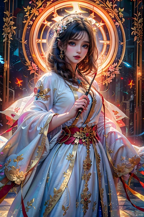 Silver-white hair, red eyes, light blue bow, golden garland, golden decoration and pink flowers on the head, blue bandeau tile face with white cape, white long skirt, fairy, holding white rabbit in her hand, blue belt, light blue streamer, blue shoes with golden bells, Chang'e, ancient style game character,(Ultra high resolution, photo realism, fidelity,Volumetric light, best quality, photo fidelity), (8k, original photo, highest quality, masterpiece), (photon mapping,Intense halos, light, sunlight. lamplight, radiosity, physics based rendering, automatic white balance),CG, unity, wallpaper, official art, amazing, exquisite detail, extremely exquisite beauty, extremely detailed, highly detailed, Clear focus, (real person, photo), (high detail skin, visible pores),(((1man))), (whole body),beautiful,Beautiful face,hair ornament,Antique game background, blue background, Tiangong, Xianchi, Yao Pond, fairy background, sdmai, chijian,, ((Binding)), hydress-hair ornaments, xiaoyemao, jewelry, dofas