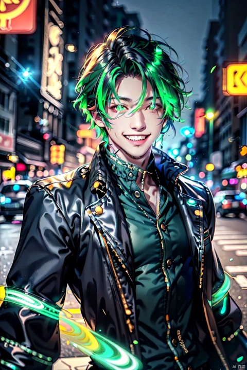 solo, looking at viewer, smile, shirt, 1boy, jacket, male focus, green hair, teeth, grin, blurry, black jacket, blurry background, glowing, colored skin, colored sclera, city lights, cyberpunk, neon lights