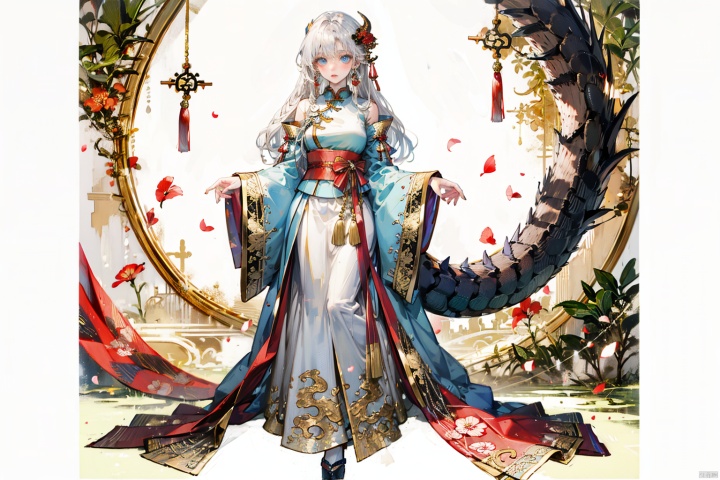 1girl, solo, long hair, breasts, looking at viewer, bangs, blue eyes, hair ornament, long sleeves, dress, jewelry, closed mouth, standing, full body, white hair, earrings, wide sleeves, nail polish, white dress, lips, sash, petals, chinese clothes, own hands together, tassel, dragon, tassel earrings, eastern dragon, Chinese style