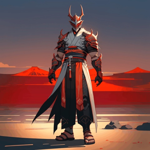 solo, looking at viewer, red eyes, gloves, 1boy, standing, full body, male focus, outdoors, horns, armor, sash, mask, glowing, sandals, helmet, shoulder armor, gauntlets, tassel, glowing eyes, pauldrons, arms at sides, vambraces, japanese armor