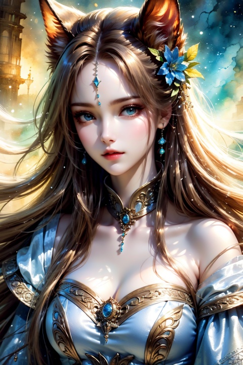 Silver-white hair, red eyes, light blue bow, golden garland, golden decoration and pink flowers on the head, blue bandeau tile face with white cape, white long skirt, fairy, holding white rabbit in her hand, blue belt, light blue streamer, blue shoes with golden bells, Chang'e, ancient style game character,(Ultra high resolution, photo realism, fidelity,Volumetric light, best quality, photo fidelity), (8k, original photo, highest quality, masterpiece), (photon mapping,Intense halos, light, sunlight. lamplight, radiosity, physics based rendering, automatic white balance),CG, unity, wallpaper, official art, amazing, exquisite detail, extremely exquisite beauty, extremely detailed, highly detailed, Clear focus, (real person, photo), (high detail skin, visible pores),(((1man))), (whole body),beautiful,Beautiful face,hair ornament,Antique game background, blue background, Tiangong, Xianchi, Yao Pond, fairy background, sdmai, chijian,, ((Binding)), hydress-hair ornaments, xiaoyemao