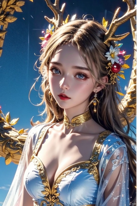 Silver-white hair, red eyes, light blue bow, golden garland, golden decoration and pink flowers on the head, blue bandeau tile face with white cape, white long skirt, fairy, holding white rabbit in her hand, blue belt, light blue streamer, blue shoes with golden bells, Chang'e, ancient style game character,(Ultra high resolution, photo realism, fidelity,Volumetric light, best quality, photo fidelity), (8k, original photo, highest quality, masterpiece), (photon mapping,Intense halos, light, sunlight. lamplight, radiosity, physics based rendering, automatic white balance),CG, unity, wallpaper, official art, amazing, exquisite detail, extremely exquisite beauty, extremely detailed, highly detailed, Clear focus, (real person, photo), (high detail skin, visible pores),(((1man))), (whole body),beautiful,Beautiful face,hair ornament,Antique game background, blue background, Tiangong, Xianchi, Yao Pond, fairy background, sdmai, chijian,, ((Binding)), hydress-hair ornaments, xiaoyemao, jewelry, dofas, nai3, Dragon and girl