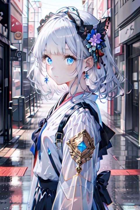 1girl, solo, breasts, looking at viewer, short hair, bangs, blue eyes, hair ornament, jewelry, closed mouth, upper body, flower, grey hair, earrings, japanese clothes, hair flower, blunt bangs, from side, glowing