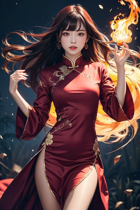1girl, solo, long hair, looking at viewer, bangs, red eyes, long sleeves, dress, purple eyes, red hair, parted lips, wide sleeves, hands up, floating hair, chinese clothes, red dress, fire