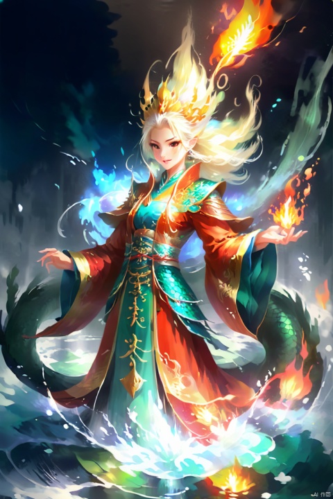  The female dragon King wears a fire element coat, and the flame of the coat forms bright wings, outlining her unique style. Her white blond hair floated in the water and matched her coat, making her look more mysterious and solemn. The brown horn on the top of her head is dazzling and eye-catching, adding a lot of color to her image, Oriental Dragon