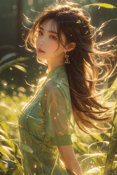  (glass:1.5), wings,1girl, solo, looking at viewer, bangs, black hair, brown eyes, jewelry, closed mouth, upper body, earrings, medium hair, from side, sweater, lips, makeup, leaf, plant, green background, green theme, green sweater, realistic, Chinese style, 30710, white pantyhose, guofengZ, (\shen ming shao nv\)