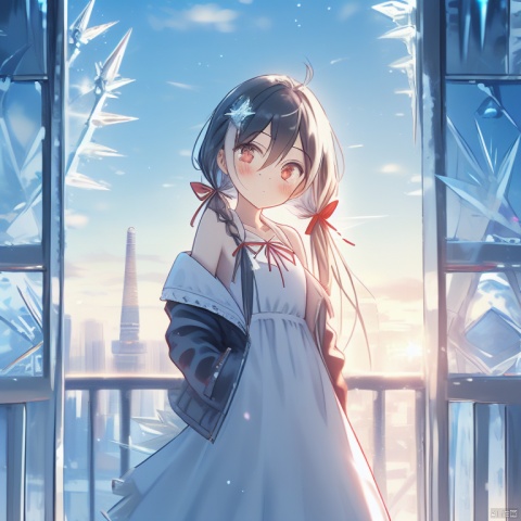  (ice:1.5),1girl, solo, long hair, looking at viewer, blush, bangs, hair ornament, red eyes, long sleeves, dress, ribbon, holding, hair between eyes, bare shoulders, twintails, very long hair, closed mouth, standing, collarbone, jacket, hair ribbon, white hair, open clothes, sky, sleeveless, cloud, indoors, off shoulder, white dress, open jacket, red ribbon, cup, black jacket, window, sleeveless dress, halterneck, building, holding cup, pink ribbon, sunset, railing, clock, cityscape, tower, (\shuang hua\)