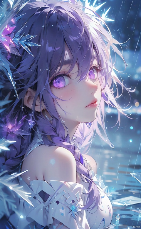  (ice:1.5), 1girl,urple hair, purple eyes, (blue fire,magic),(glowing eyes:1.3), chest,electricity, lightning, purple magic, aura,Close-up,Off Shoulder,Front view, backlight,looking at viewer,braids,very long hair,hair flowe,tarry sky ,water,Rain,night, white pantyhose, (\shuang hua\)