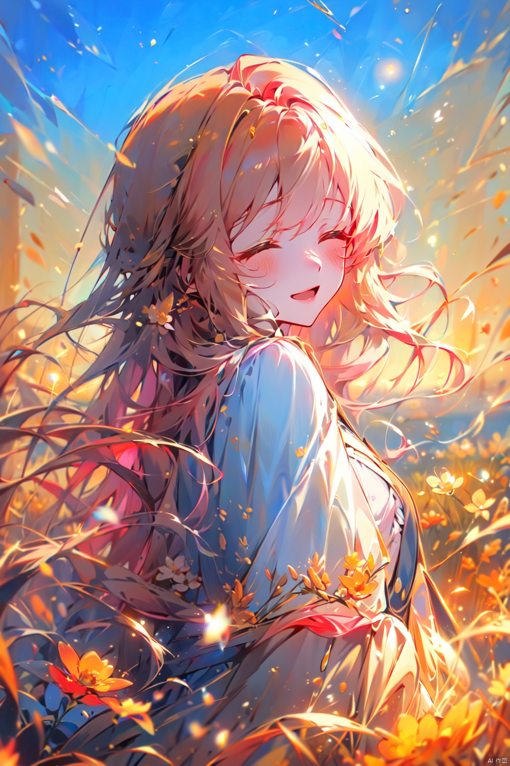  (drawn by Lynn Okamoto),center frame, sharp focus, (panorama, wide shot), best quality, masterpiece, extremely detailed, detailed background, (from above:1.2), 1girl, solo, pink hair, closed eyes, smile, open mouth, skirt, long hair, wavy hair, on side, fluffy hair, , french , blush, smile, capelet, lace trim, bodice, sunset, long dress, dusk, scenery, gold sky, high place, horizon, wheat field, wheat ears, wind, wind blow, looking at viewer, (depth of field), bokeh, (holding a flower:1.3), (holding:1.2),(medium):0.5,
, (\meng ze\)