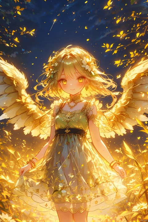  (wings:1.5),(grass:1.5),1girl, solo, breasts, looking at viewer, blush, smile, short hair, bangs, hair ornament, dress, jewelry, closed mouth, standing, yellow eyes, flower, earrings, outdoors, sky, sleeveless, day, hair flower, water, necklace, bracelet, tree, see-through, sleeveless dress, hair intakes, white flower, building, sunset, yellow flower, skirt hold, jack-o'-lantern, autumn leaves, yellow dress, orange dress, (\meng ze\), Light master, (\shen ming shao nv\)