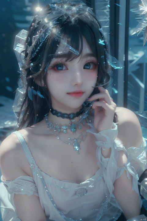  (ice:1.5), 1girl, solo, long hair, looking at viewer, blush, smile, open mouth, bangs, blue eyes, skirt, shirt, jewelry, very long hair, blue hair, collarbone, white shirt, short sleeves, :d, choker, puffy sleeves, virtual youtuber, necklace, off shoulder, star \(symbol\), blue skirt, black choker, black background, green skirt, railing, off-shoulder shirt, print skirt, aqua skirt, (\shuang hua\), Light master