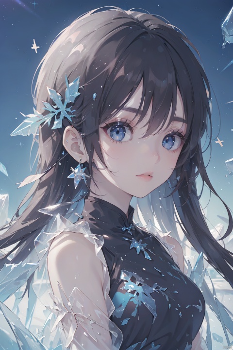  (ice:1.5),1 girl, sole_female, (medium breasts:), upper body, (masterpiece, top quality, best quality, official art, beautiful and aesthetic), (1girl), extreme detailed eyes, (fractal art:1.3), highest detailed, (perfect face), shiny skin, HDR, galaxy, (light streaks), striking visuals, tutututu, see-through, (cheongsam), cheongsam, tutututu, red earrings, red jewelry, (\shuang hua\)
