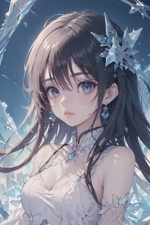  (ice:1.5),1 girl, sole_female, (medium breasts:), upper body, (masterpiece, top quality, best quality, official art, beautiful and aesthetic), (1girl), extreme detailed eyes, (fractal art:1.3), highest detailed, (perfect face), shiny skin, HDR, galaxy, (light streaks), striking visuals, tutututu, see-through, (cheongsam), cheongsam, tutututu, red earrings, red jewelry, (\shuang hua\)