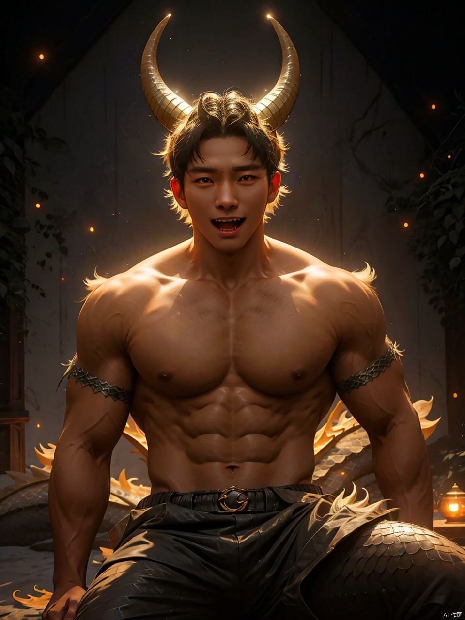 masterpiece, highres, realistic, handsome, photogenic, masculine, big muscles, (tight gymsuit:0.8), 1boy,furry,eastern dragon, horns, scales, glowing, solo, open mouth, dragon horns,  glowing eyes, fangs, (\long wang ga ma\)