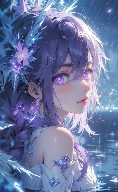  (ice:1.5), 1girl,urple hair, purple eyes, (blue fire,magic),(glowing eyes:1.3), chest,electricity, lightning, purple magic, aura,Close-up,Off Shoulder,Front view, backlight,looking at viewer,braids,very long hair,hair flowe,tarry sky ,water,Rain,night, white pantyhose, (\shuang hua\)