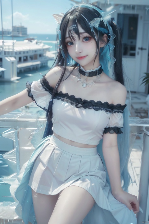  (ice:1.5), 1girl, solo, long hair, looking at viewer, blush, smile, open mouth, bangs, blue eyes, skirt, shirt, jewelry, very long hair, blue hair, collarbone, white shirt, short sleeves, :d, choker, puffy sleeves, virtual youtuber, necklace, off shoulder, star \(symbol\), blue skirt, black choker, black background, green skirt, railing, off-shoulder shirt, print skirt, aqua skirt, (\shuang hua\)