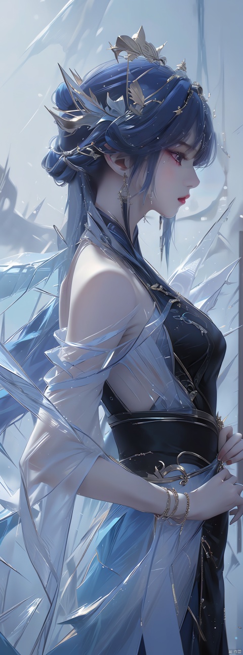  (ice:1.6), 1 girl, blue hair, very long hair, upper body, (\shuang hua\)