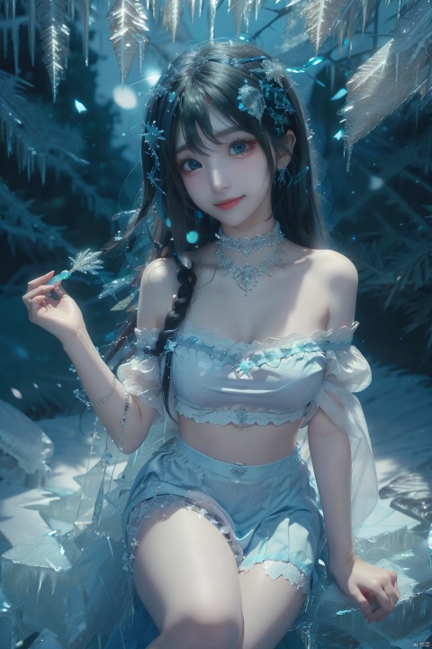  (ice:1.5), 1girl, solo, long hair, looking at viewer, blush, smile, open mouth, bangs, blue eyes, skirt, shirt, jewelry, very long hair, blue hair, collarbone, white shirt, short sleeves, :d, choker, puffy sleeves, virtual youtuber, necklace, off shoulder, star \(symbol\), blue skirt, black choker, black background, green skirt, railing, off-shoulder shirt, print skirt, aqua skirt, (\shuang hua\), Light master