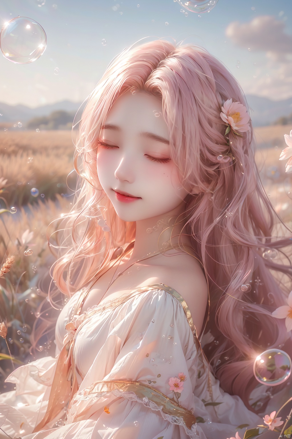 (bubble:1.5), (drawn by Lynn Okamoto),center frame, sharp focus, (panorama, wide shot), best quality, masterpiece, extremely detailed, detailed background, (from above:1.2), 1girl, solo, pink hair, closed eyes, smile, open mouth, skirt, long hair, wavy hair, on side, fluffy hair, , french , blush, smile, capelet, lace trim, bodice, sunset, long dress, dusk, scenery, gold sky, high place, horizon, wheat field, wheat ears, wind, wind blow, looking at viewer, (depth of field), bokeh, (holding a flower:1.3), (holding:1.2),(medium):0.5,
, (\meng ze\)