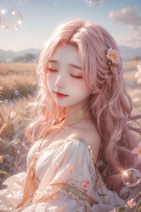 (bubble:1.5), (drawn by Lynn Okamoto),center frame, sharp focus, (panorama, wide shot), best quality, masterpiece, extremely detailed, detailed background, (from above:1.2), 1girl, solo, pink hair, closed eyes, smile, open mouth, skirt, long hair, wavy hair, on side, fluffy hair, , french , blush, smile, capelet, lace trim, bodice, sunset, long dress, dusk, scenery, gold sky, high place, horizon, wheat field, wheat ears, wind, wind blow, looking at viewer, (depth of field), bokeh, (holding a flower:1.3), (holding:1.2),(medium):0.5,
, (\meng ze\)