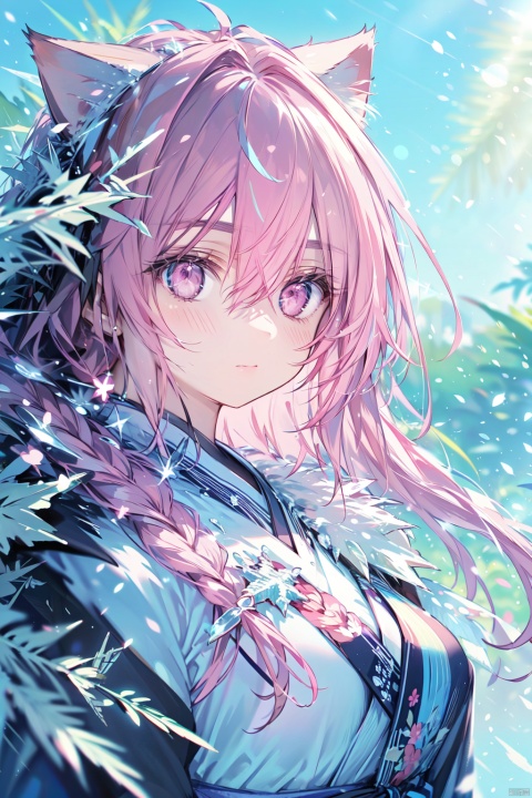  (ice:1.5),1girl,solo,cuty face,Beautiful detailed eye,,upper body,ray tracing,Reflected light,(very detailed light),(Beautiful Lighting)++++(best quality),masterpiece, best quality,medium breasts,best quality,beautiful detailed eyes,(pink hair), wavy hair,disheveled hair,cat ears,messy hair, long bangs, hairs between eyes,extremely detailed, floating hair,highleg,solo, best quality, masterpiece, highres, original, extremely detailed wallpaper,{an extremely delicate and beautiful}, pink eyes, {beautiful eyes},kimono, (\shuang hua\)