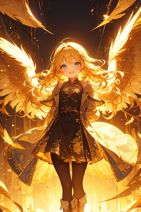  (wings:1.5),1girl, blonde_hair, boots, coat, cover, cover_page, doujin_cover, long_hair, open_mouth, pantyhose, smile, solo, (\shen ming shao nv\),