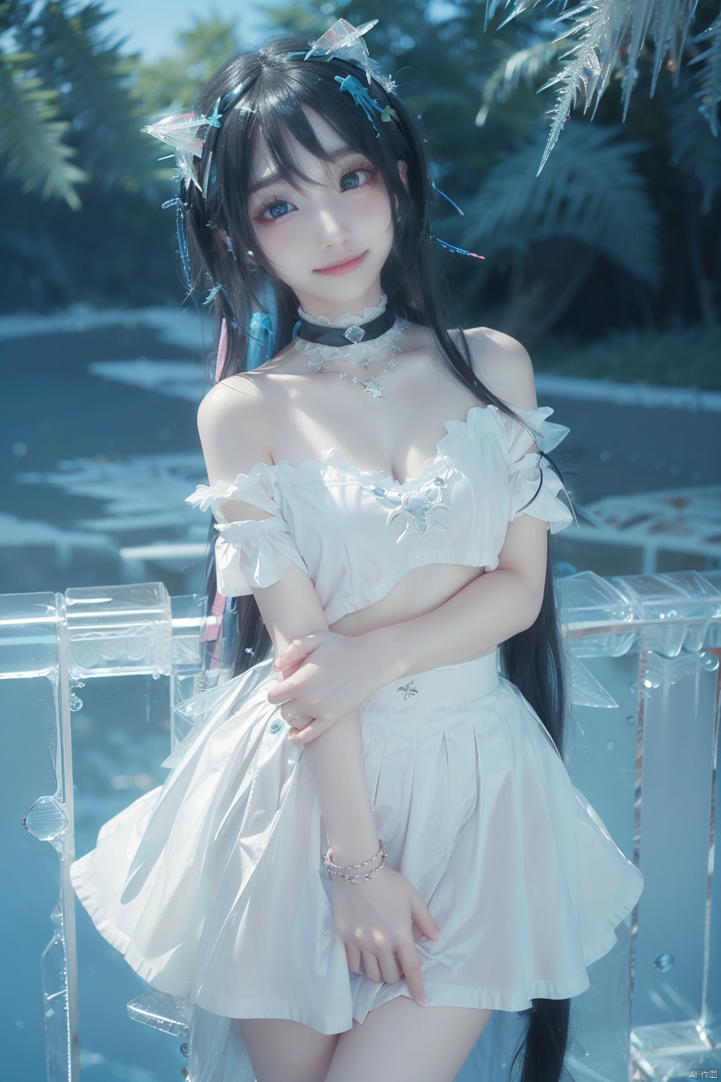  (ice:1.5), 1girl, solo, long hair, looking at viewer, blush, smile, open mouth, bangs, blue eyes, skirt, shirt, jewelry, very long hair, blue hair, collarbone, white shirt, short sleeves, :d, choker, puffy sleeves, virtual youtuber, necklace, off shoulder, star \(symbol\), blue skirt, black choker, black background, green skirt, railing, off-shoulder shirt, print skirt, aqua skirt, (\shuang hua\)