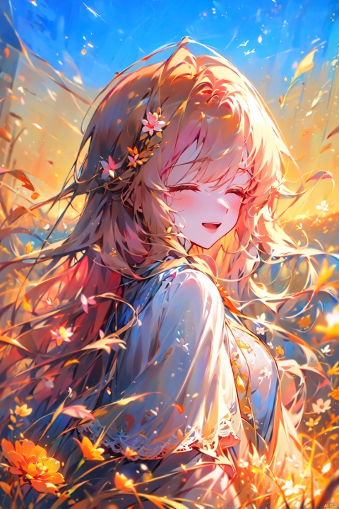  (drawn by Lynn Okamoto),center frame, sharp focus, (panorama, wide shot), best quality, masterpiece, extremely detailed, detailed background, (from above:1.2), 1girl, solo, pink hair, closed eyes, smile, open mouth, skirt, long hair, wavy hair, on side, fluffy hair, , french , blush, smile, capelet, lace trim, bodice, sunset, long dress, dusk, scenery, gold sky, high place, horizon, wheat field, wheat ears, wind, wind blow, looking at viewer, (depth of field), bokeh, (holding a flower:1.3), (holding:1.2),(medium):0.5,
, (\meng ze\)
