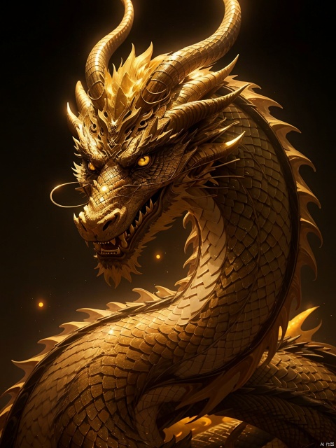  1boy,eastern dragon, horns, scales, glowing, solo, open mouth, dragon horns, yellow eyes, glowing eyes, fangs, (\long wang ga ma\)