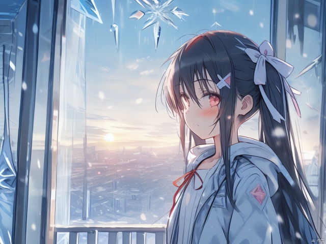  (ice:1.5),1girl, solo, long hair, looking at viewer, blush, bangs, hair ornament, red eyes, long sleeves, dress, ribbon, holding, hair between eyes, bare shoulders, twintails, very long hair, closed mouth, standing, collarbone, jacket, hair ribbon, white hair, open clothes, sky, sleeveless, cloud, indoors, off shoulder, white dress, open jacket, red ribbon, cup, black jacket, window, sleeveless dress, halterneck, building, holding cup, pink ribbon, sunset, railing, clock, cityscape, tower, (\shuang hua\)
