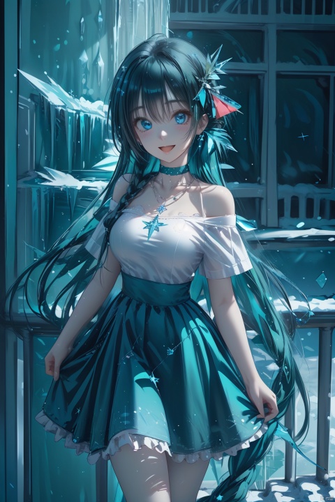  (ice:1.5), 1girl, solo, long hair, looking at viewer, blush, smile, open mouth, bangs, blue eyes, skirt, shirt, jewelry, very long hair, blue hair, collarbone, white shirt, short sleeves, :d, choker, puffy sleeves, virtual youtuber, necklace, off shoulder, star \(symbol\), blue skirt, black choker, black background, green skirt, railing, off-shoulder shirt, print skirt, aqua skirt, (\shuang hua\), Light master