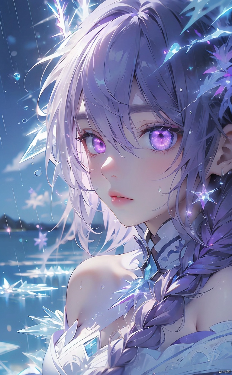  (ice:1.5), 1girl,urple hair, purple eyes, (blue fire,magic),(glowing eyes:1.3), chest,electricity, lightning, purple magic, aura,Close-up,Off Shoulder,Front view, backlight,looking at viewer,braids,very long hair,hair flowe,tarry sky ,water,Rain,night, white pantyhose, (\shuang hua\)