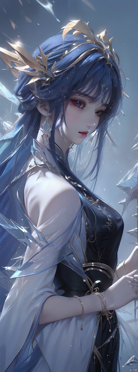  (ice:1.6), 1 girl, blue hair, very long hair, upper body, (\shuang hua\)