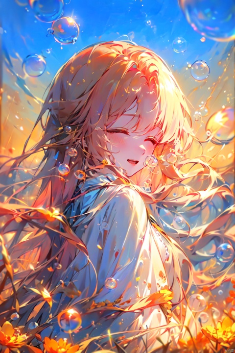 (bubble:1.5), (drawn by Lynn Okamoto),center frame, sharp focus, (panorama, wide shot), best quality, masterpiece, extremely detailed, detailed background, (from above:1.2), 1girl, solo, pink hair, closed eyes, smile, open mouth, skirt, long hair, wavy hair, on side, fluffy hair, , french , blush, smile, capelet, lace trim, bodice, sunset, long dress, dusk, scenery, gold sky, high place, horizon, wheat field, wheat ears, wind, wind blow, looking at viewer, (depth of field), bokeh, (holding a flower:1.3), (holding:1.2),(medium):0.5,
, (\meng ze\)