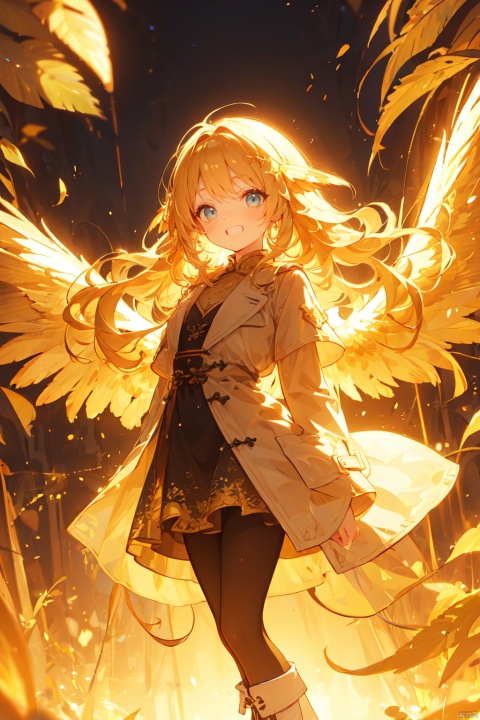  (wings:1.5),1girl, blonde_hair, boots, coat, cover, cover_page, doujin_cover, long_hair, open_mouth, pantyhose, smile, solo, (\shen ming shao nv\),