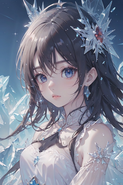  (ice:1.5),1 girl, sole_female, (medium breasts:), upper body, (masterpiece, top quality, best quality, official art, beautiful and aesthetic), (1girl), extreme detailed eyes, (fractal art:1.3), highest detailed, (perfect face), shiny skin, HDR, galaxy, (light streaks), striking visuals, tutututu, see-through, (cheongsam), cheongsam, tutututu, red earrings, red jewelry, (\shuang hua\)