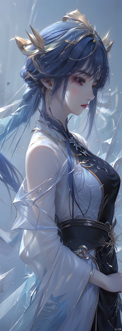  (ice:1.6), 1 girl, blue hair, very long hair, upper body, (\shuang hua\)