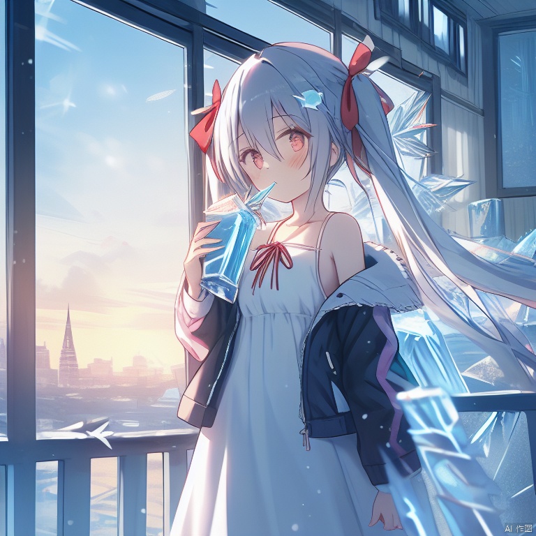  (ice:1.5),1girl, solo, long hair, looking at viewer, blush, bangs, hair ornament, red eyes, long sleeves, dress, ribbon, holding, hair between eyes, bare shoulders, twintails, very long hair, closed mouth, standing, collarbone, jacket, hair ribbon, white hair, open clothes, sky, sleeveless, cloud, indoors, off shoulder, white dress, open jacket, red ribbon, cup, black jacket, window, sleeveless dress, halterneck, building, holding cup, pink ribbon, sunset, railing, clock, cityscape, tower, (\shuang hua\)