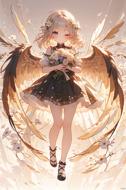  (wings:1.5),1 little girl, chubby, cute, super cute, with one eye closed, long hair, black, hair filled with flowers, holding a large bouquet of flowers in her hand, full body, panoramic, white background, minimalist style, (\shen ming shao nv\)