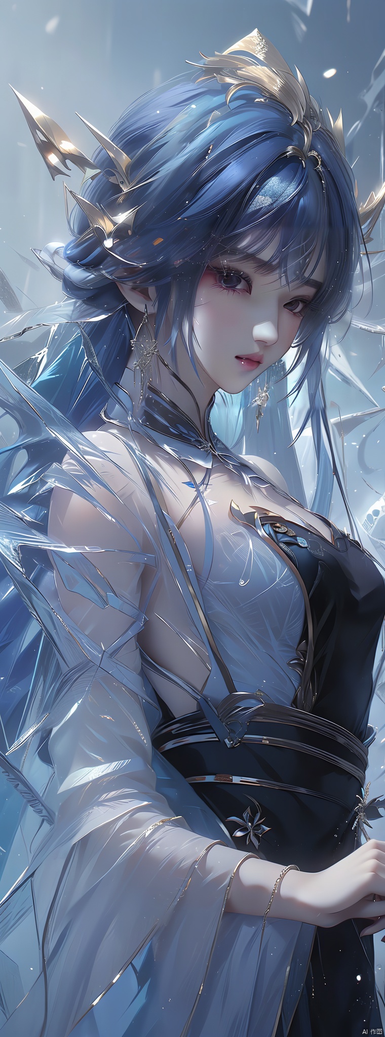  (ice:1.6), 1 girl, blue hair, very long hair, upper body, (\shuang hua\)