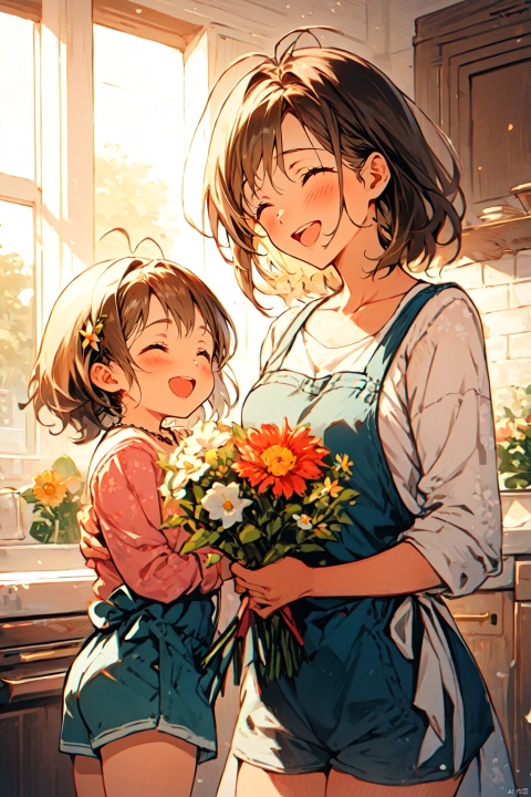  mother and daughter, multiple girls, 2girls, flower, closed eyes, smile, open mouth, bouquet, brown hair, blush, indoors, shirt, holding, :d, kitchen, short hair, hair ornament, collarbone, bangs, shorts, holding bouquet, ^_^, sunlight, teeth, apron, child, female child, window, upper teeth only, antenna hair, long sleeves, standing, (\ji jian\)