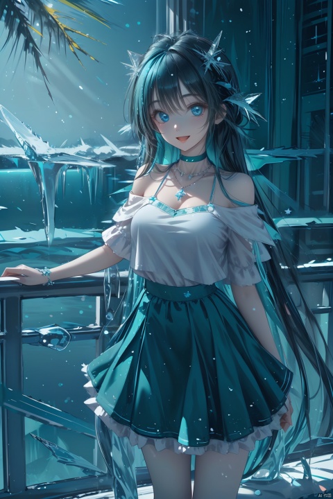  (ice:1.5), 1girl, solo, long hair, looking at viewer, blush, smile, open mouth, bangs, blue eyes, skirt, shirt, jewelry, very long hair, blue hair, collarbone, white shirt, short sleeves, :d, choker, puffy sleeves, virtual youtuber, necklace, off shoulder, star \(symbol\), blue skirt, black choker, black background, green skirt, railing, off-shoulder shirt, print skirt, aqua skirt, (\shuang hua\), Light master