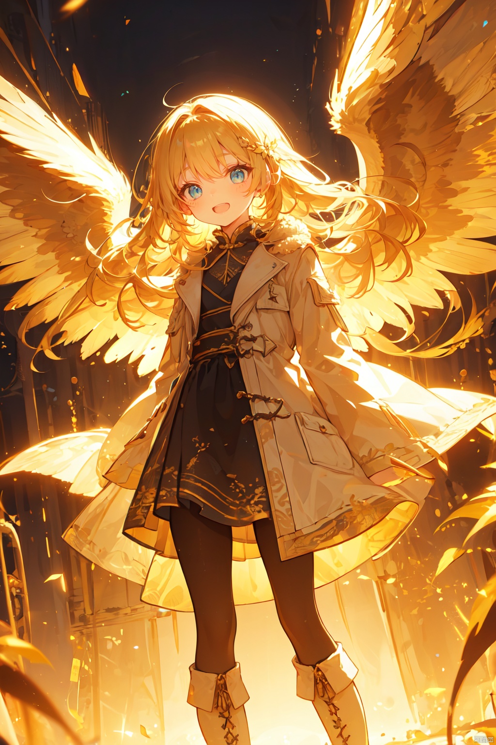  (wings:1.5),1girl, blonde_hair, boots, coat, cover, cover_page, doujin_cover, long_hair, open_mouth, pantyhose, smile, solo, (\shen ming shao nv\),