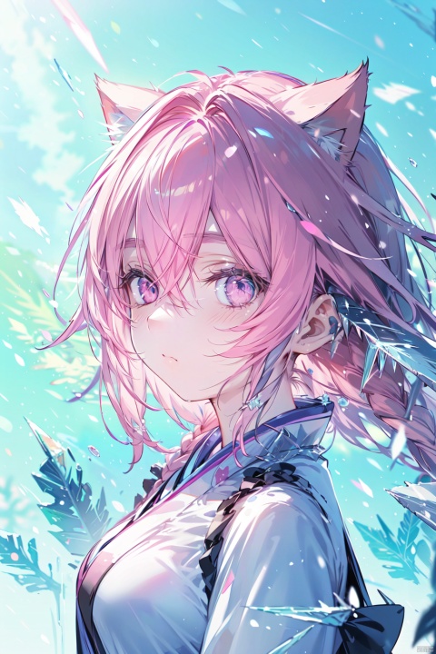  (ice:1.5),1girl,solo,cuty face,Beautiful detailed eye,,upper body,ray tracing,Reflected light,(very detailed light),(Beautiful Lighting)++++(best quality),masterpiece, best quality,medium breasts,best quality,beautiful detailed eyes,(pink hair), wavy hair,disheveled hair,cat ears,messy hair, long bangs, hairs between eyes,extremely detailed, floating hair,highleg,solo, best quality, masterpiece, highres, original, extremely detailed wallpaper,{an extremely delicate and beautiful}, pink eyes, {beautiful eyes},kimono, (\shuang hua\)